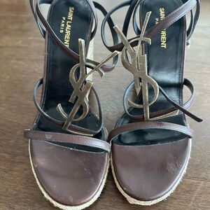 Saint Laurent Dark Brown Strappy Wedge Sandals